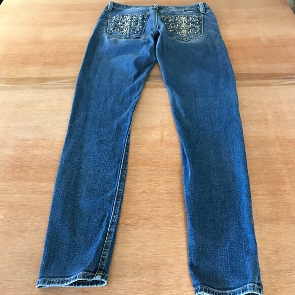 Miss Me Skinny Jeans Women 27 Blue Mid Rise Floral Rhinestone Medium Wash 16323 - Picture 3 of 15
